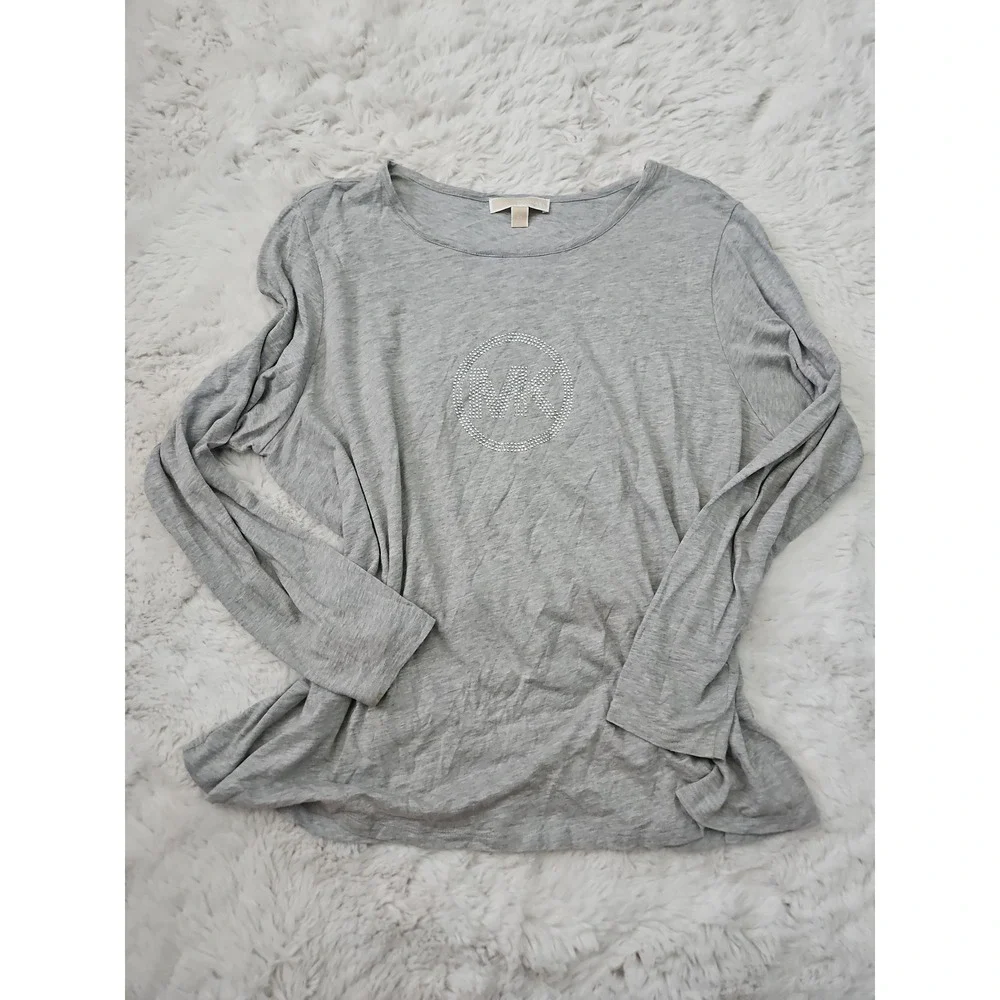 Michael Kors Gray Crystal MK Studded‎ Logo Long Sleeve Shirt 2X